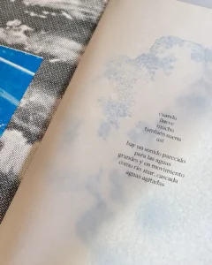 Detalle de una doble página interior del libro de artista ONOMATOPEIAS (2026), fotografiada en primer plano y en perspectiva diagonal. A la izquierda se observa parte de una imagen en blanco y negro construida mediante una trama de puntos, junto a un fragmento fotográfico azul de la superficie del agua. La página derecha presenta una ilustración abstracta en azul claro, de textura granulada y formas orgánicas que evocan el movimiento del agua. Sobre ella aparece un texto en negro, distribuido en versos breves, que comienza con «cuando llueve mucho también suena así» y establece una relación entre el sonido de la lluvia intensa y el de ríos, mares y cascadas. La fotografía permite apreciar la textura del papel, las tramas de impresión y la superposición de recursos gráficos que caracterizan la experimentación editorial de la publicación.